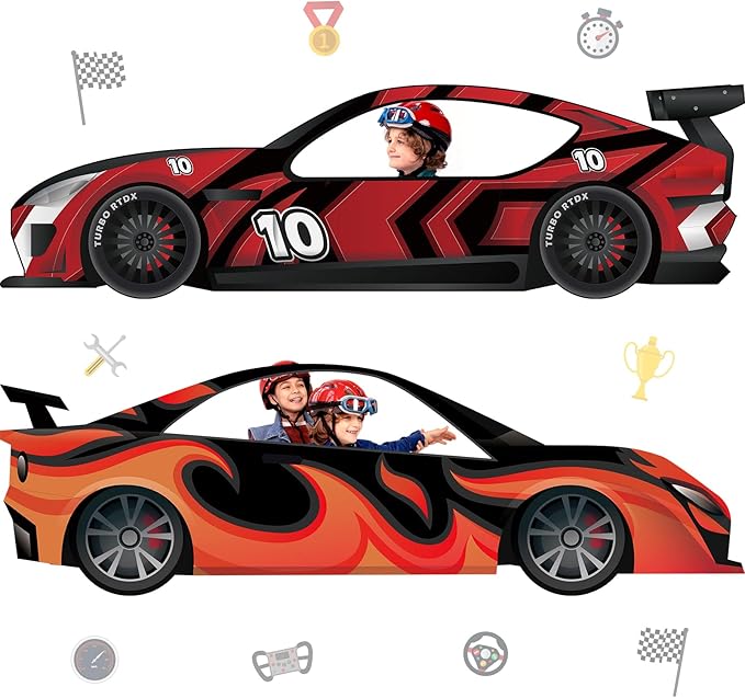 2PCS Race Cars Photo Booth Props Large Fabric Race Car Party Decorations Banner Sign Car Shaped Photo Prop Racing Themed S...