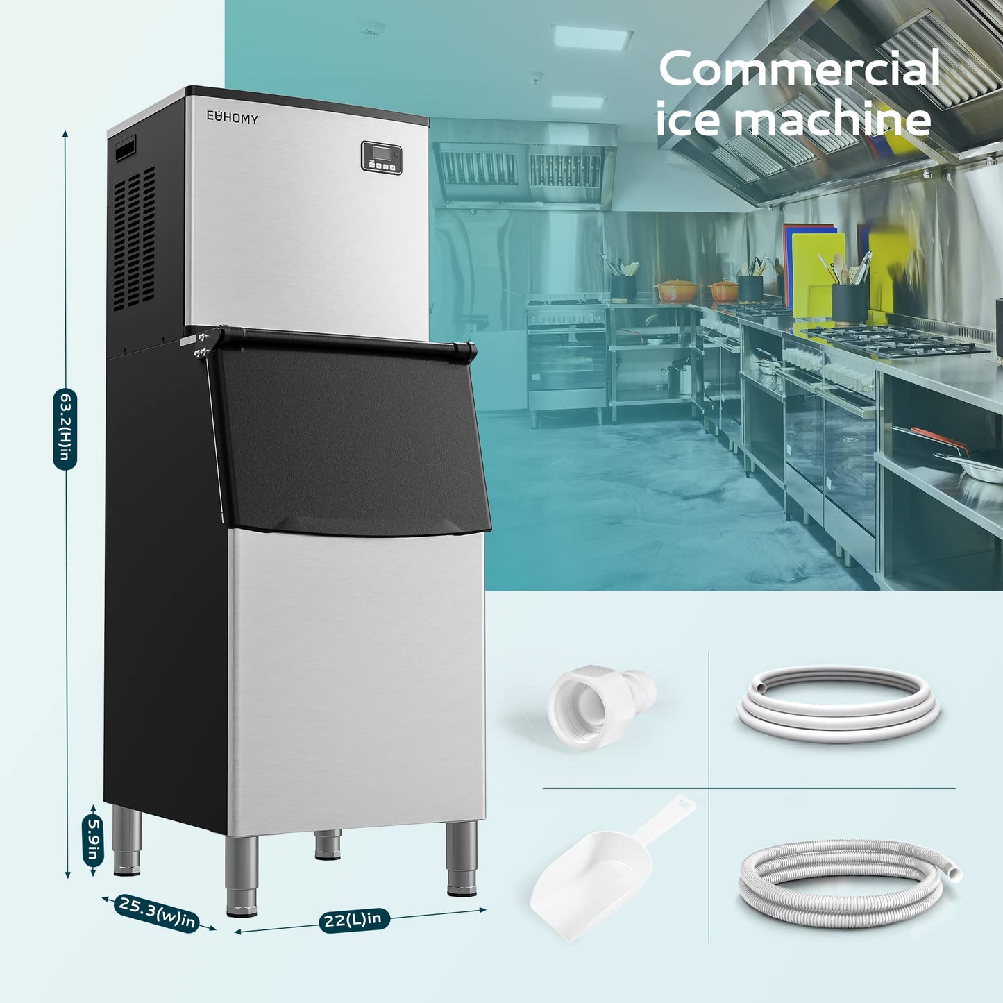 EUHOMY Commercial Ice Maker Machine, 450 lbs/24H Industrial Ice Machine with 250 lbs Storage Bin, ETL Approved Stainless Steel Clear Ice Maker for Bar, Cafe & Restaurant