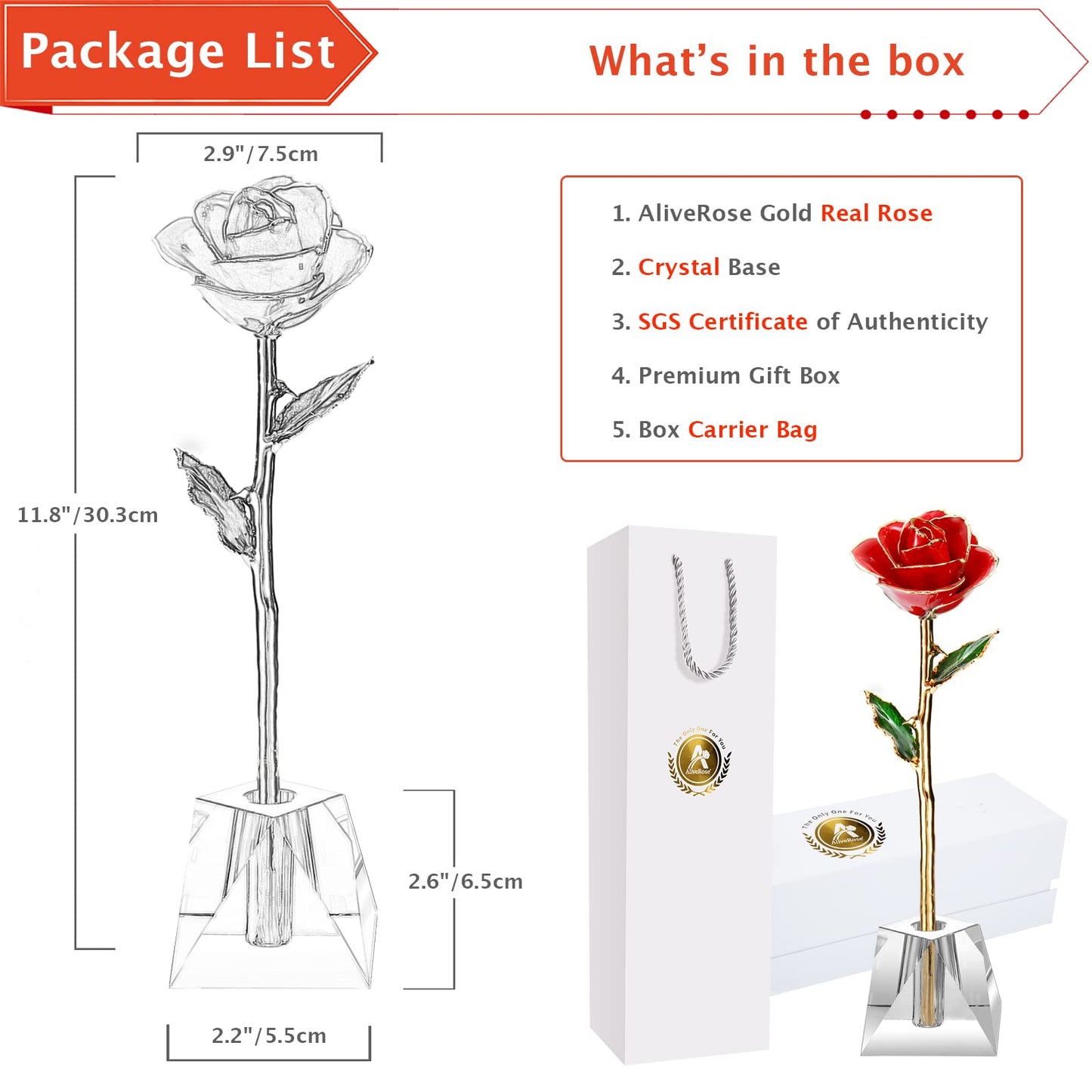 Valentines Day Gift Rose, Long Stem Rose Made from 24K Gold Dipped Real Rose Gift for her Rose(Red with Crystal Vase)