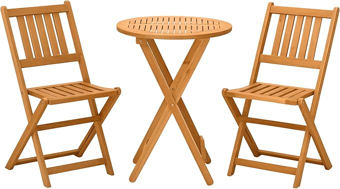 Outsunny 3-Piece Acacia Wood Bistro Set, Folding Patio Furniture with 2 Folding Chairs and Round Coffee Table, Teak, Slatt...