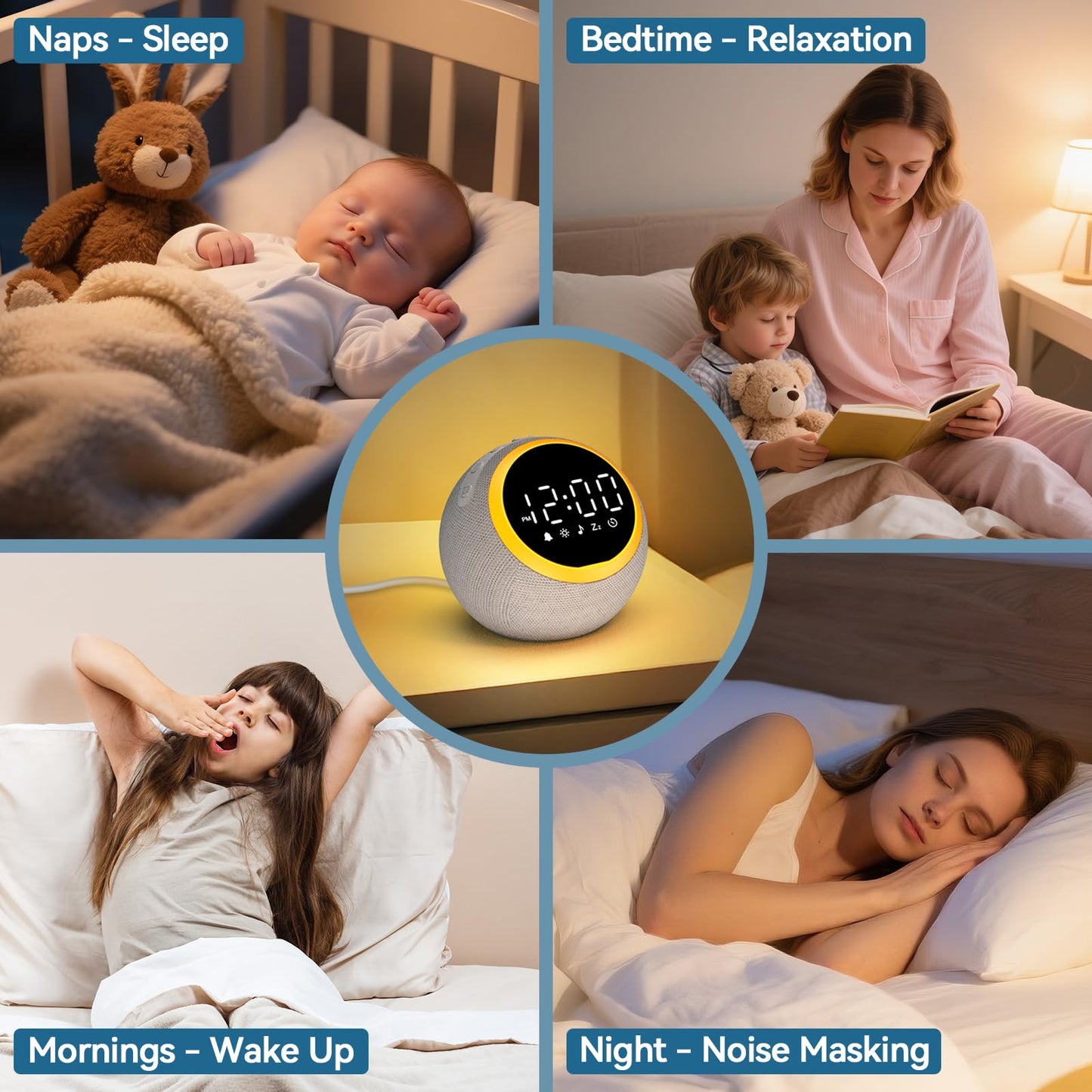Sound Machine Alarm Clock for Sleep: Digital Alarm Clocks for Bedrooms, 25 Soothing Sounds, 7 Gentle Wake-up Sounds, 16 Adjustable Volume & Timer, Memory Function (Gray)