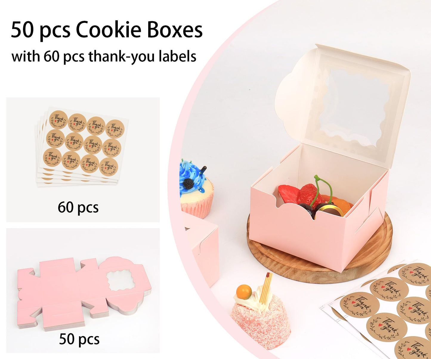 TryDrem 50Pcs 4x4x2.5 Pink Cookie Boxes, Bakery Boxes for Baked Goods, Cookies, Pastry, Strawberries, Macarons