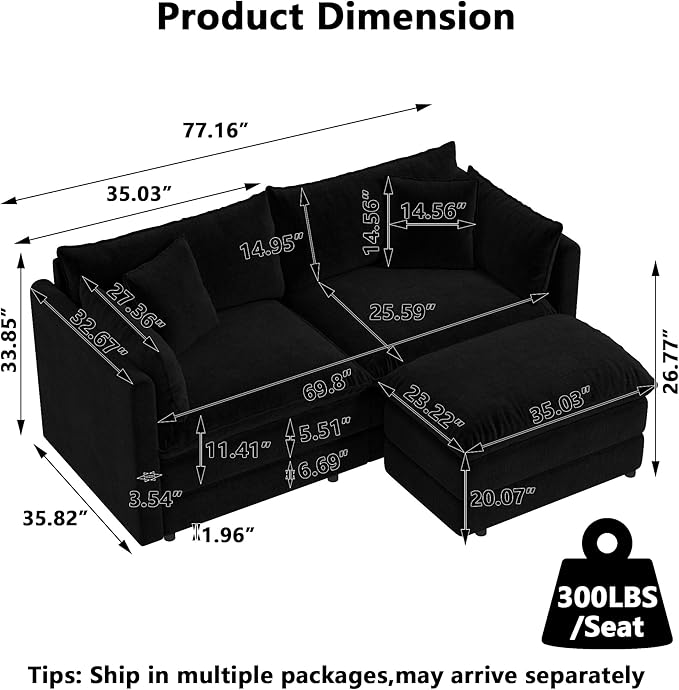 Aoowow Modular Sectional Sofa Modern Convertible Loveseat Couch,77.16 Inch Deep 2-Seater Sofas Comfy Chenille Cloud Sofas and Couches Set with Movable Ottoman for Living Room Apartment（Black）