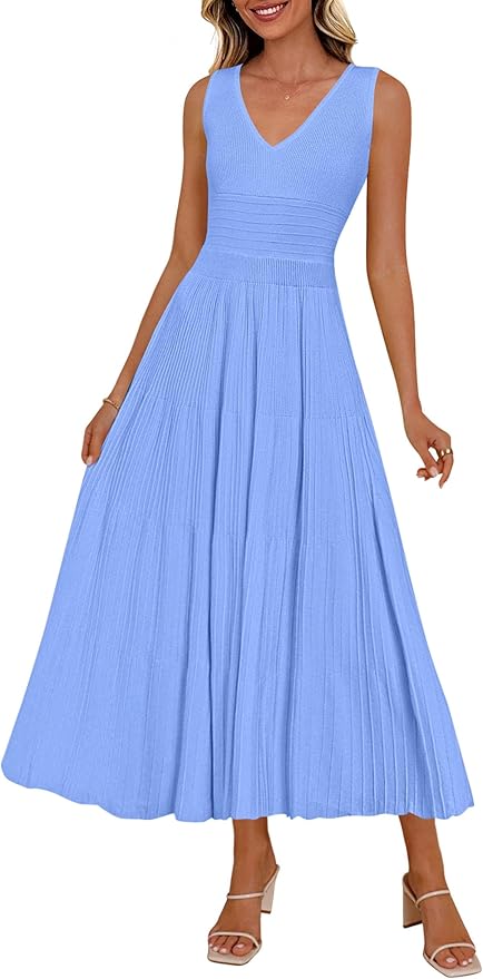 PRETTYGARDEN Women's Summer Casual Dresses 2026 Spring Sleeveless V Neck Midi Business Work A Line Pleated Cocktail Dress