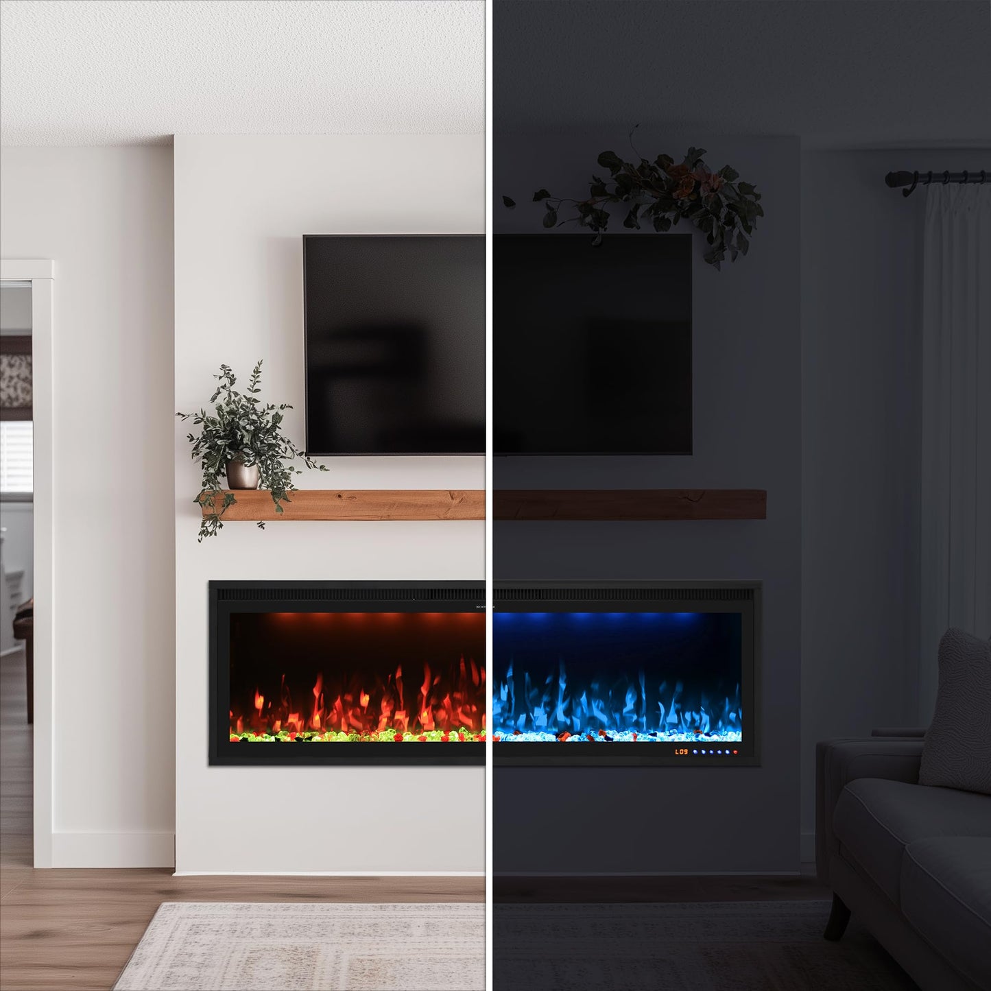 Valuxhome 60inch Recessed Electric Fireplace, Ultra Narrow Frame Design, 13 Flame Colors, 400 Sq.ft, 750/1500W