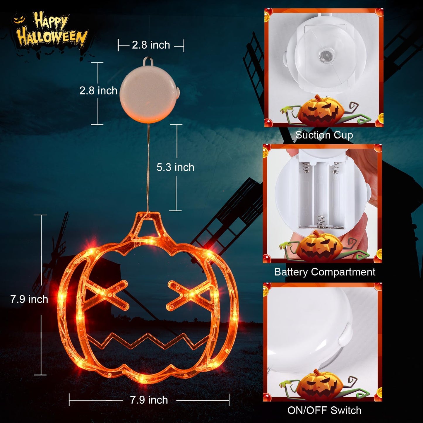 LOLStar Halloween Decorations 3 Pack Orange Pumpkin Green Spider Purple Witch Hat Window Lights with Suction Cup Battery Operated Slow Fade Timer Function Halloween Lights for Window Decor