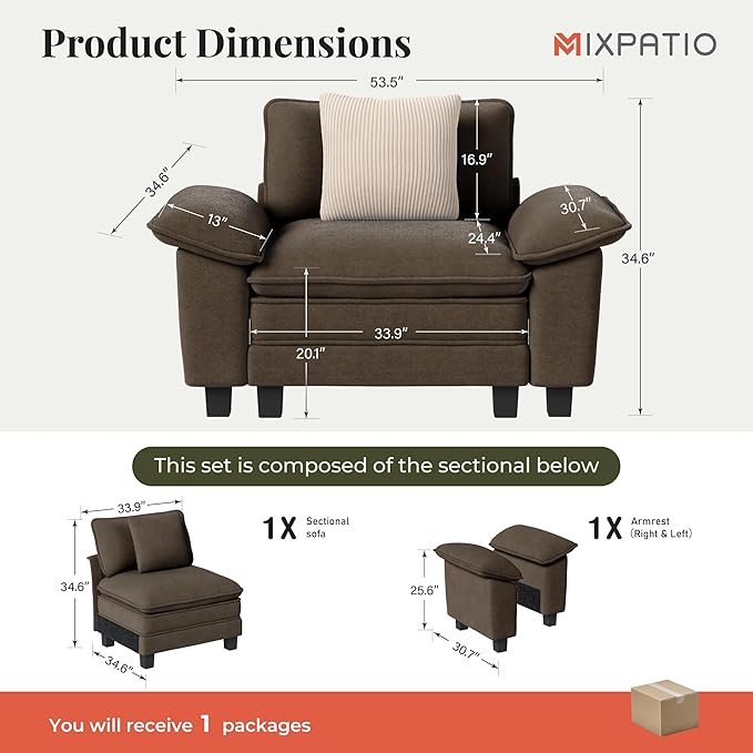 MIXPATIO 53.5" Modular Sectional Single Sofa, Soft Plush Chenille Armchair with Comfortable Deep Seat & Removable Arms for Living Room，Taupe