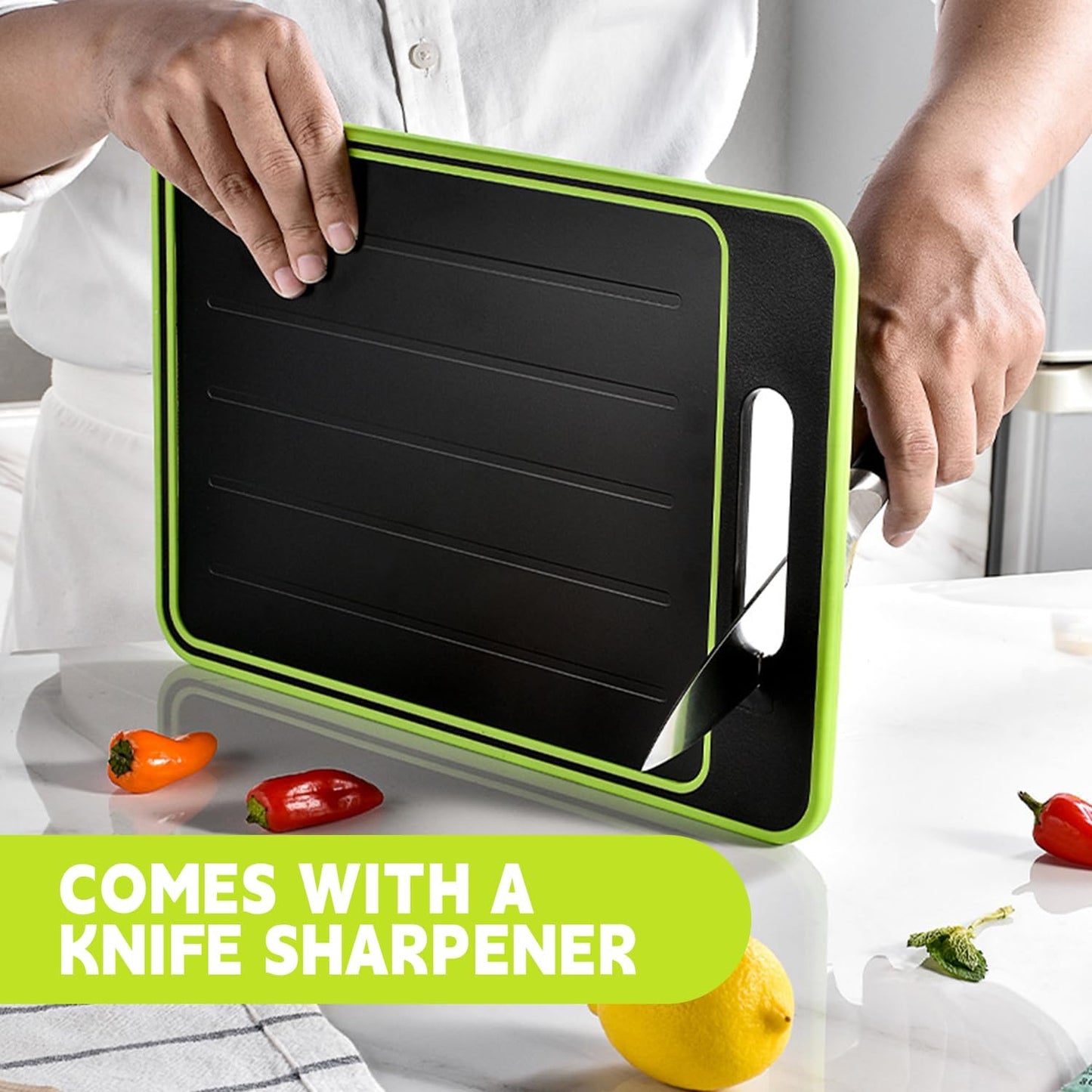 Cutting Board Double Sided,2 Pcs Vegetable Board With Sharpening Stone,Large Size+Small Size,Food Grade Stainless steel and Wheat straw PP Material,Eco-Friendly (black)