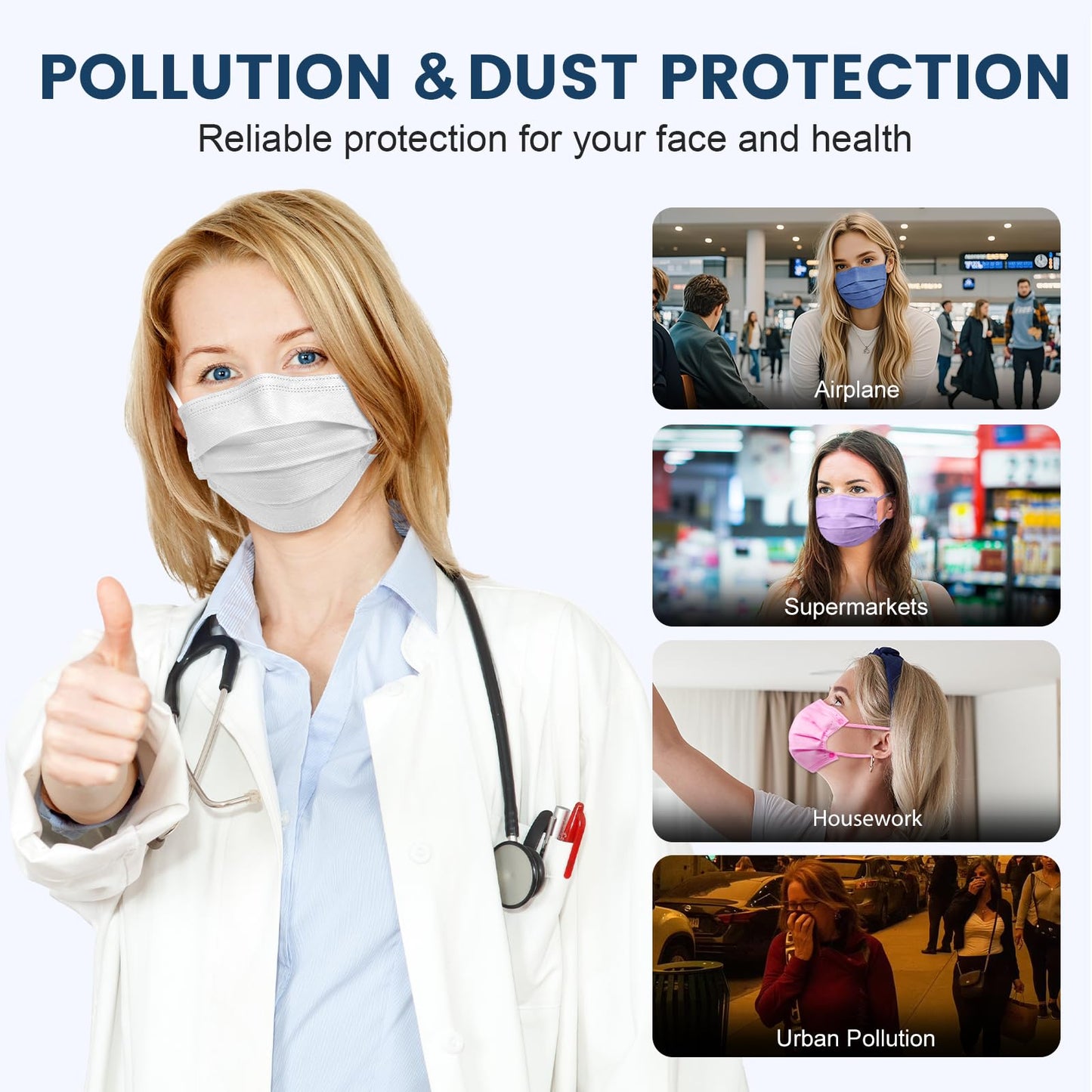 Disposable Face Mask for Adults - 4 Ply Protection, Individually Wrapped 50 Pack, 10 Colors, Breathable Comfortable & Safe