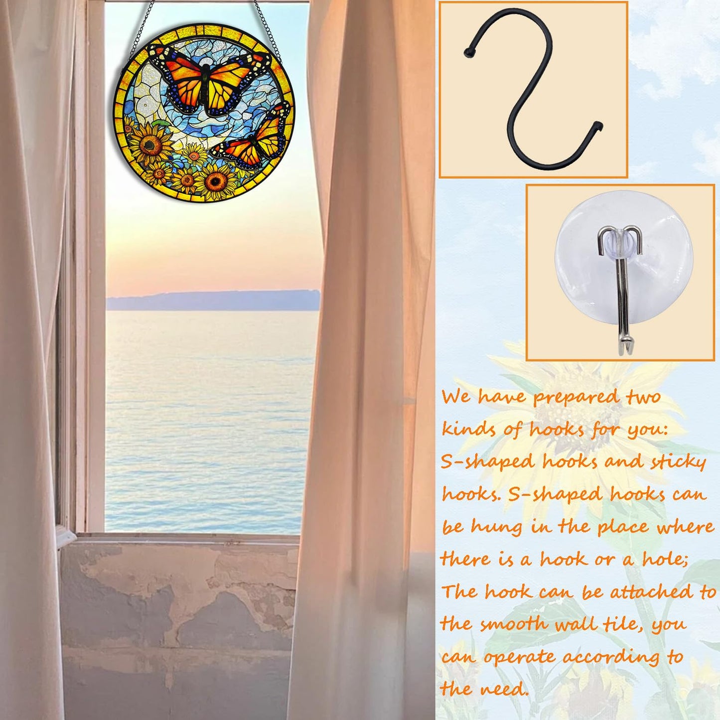 Sunflower Stained Glass Window Hanging, 9.84'' Sunflower Butterfly Stained Glass Panel, Butterfly Glass Suncatcher for Valentine's Day Mother's Day