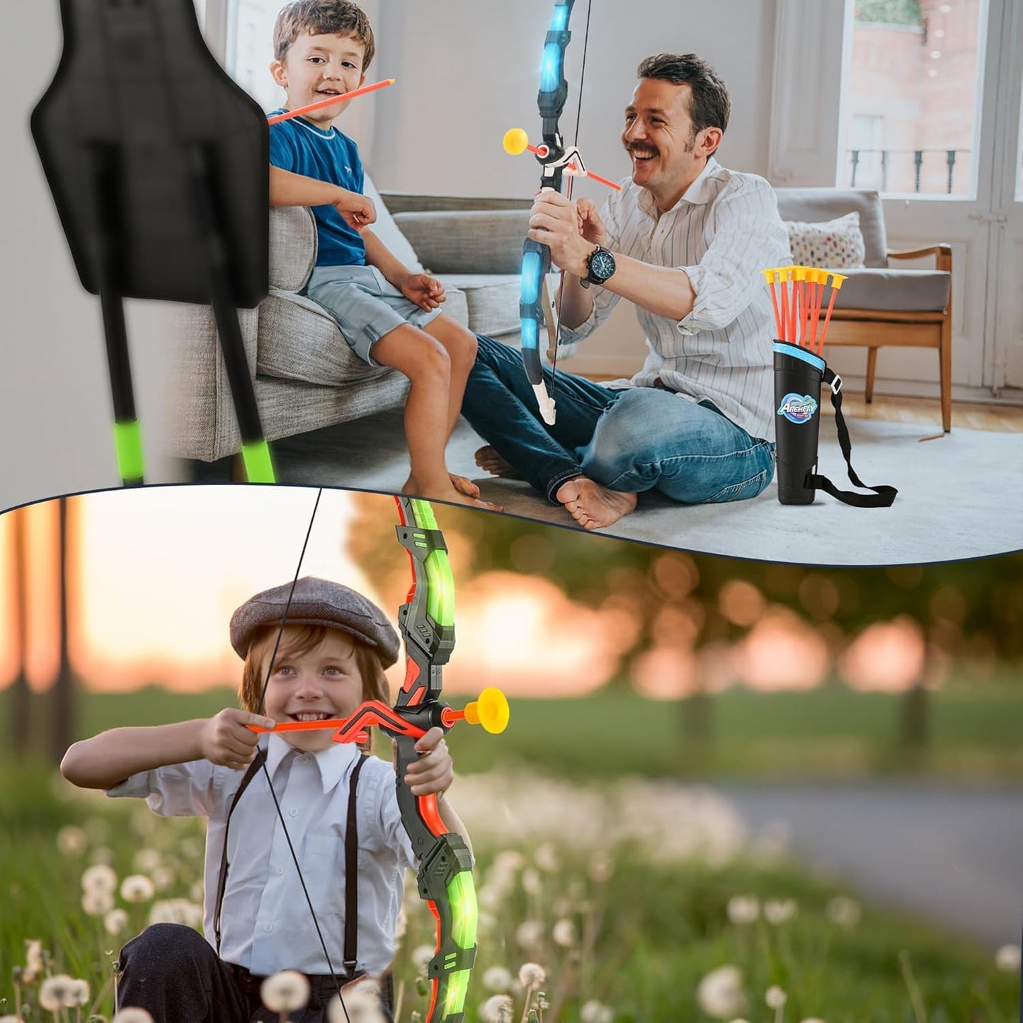 Bow and Arrow Set for Kids, 2-Pack LED Light Up Archery Set with 20 Suction Cup Arrows, Indoor and Outdoor Toy for Boys Girls Age 4-8 8-12 with Standing Target&2 Quivers, Birthday Gift 3-12 Years Old