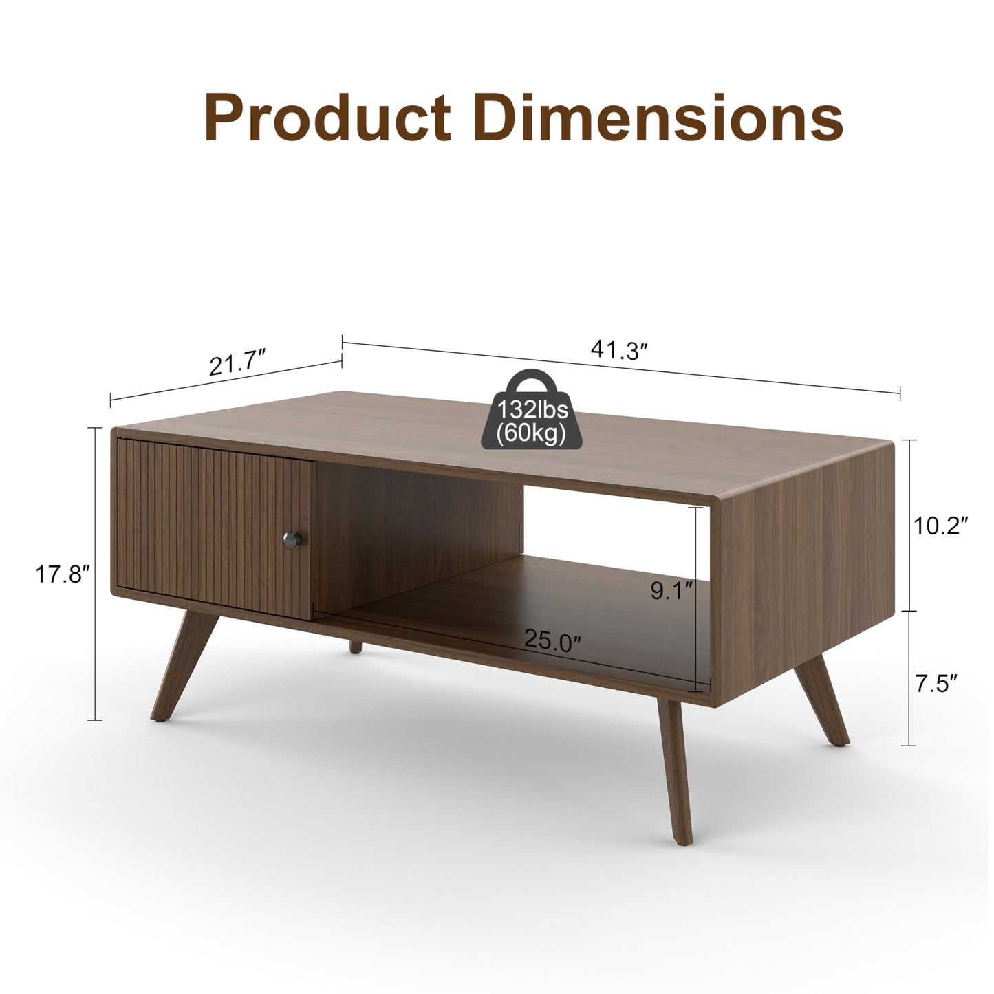 Manora Mid Century Modern Coffee Table with Storage Cabinet and Open Shelf, Wooden Living Room Table with Fluted Drawer and Solid Wood Legs, Walnut Finish Center Table for Small Spaces