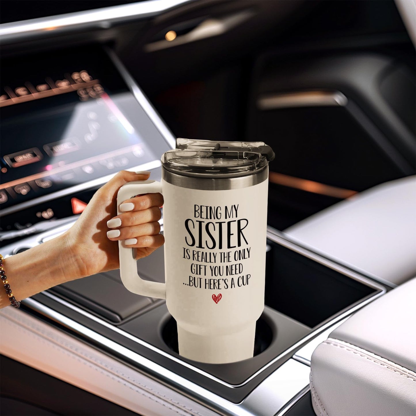 Gleevera Sister Birthday Gifts, Mothers Day Gifts for Sisters - 40oz Tumbler with Handle (Cream) - Birthday Gift for Sisters Christmas - Being My Sister is the Only Gift You Need