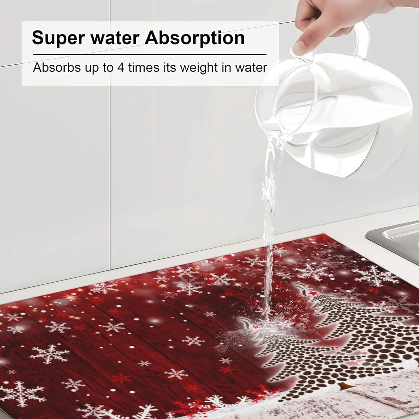 Dish Drying Mat Christmas Xmas Tree Snowflake for Kitchen Counter Absorbent 18x24 Inch Microfiber Dishes Plate Glass Dry Draining Pad Reversible Washable
