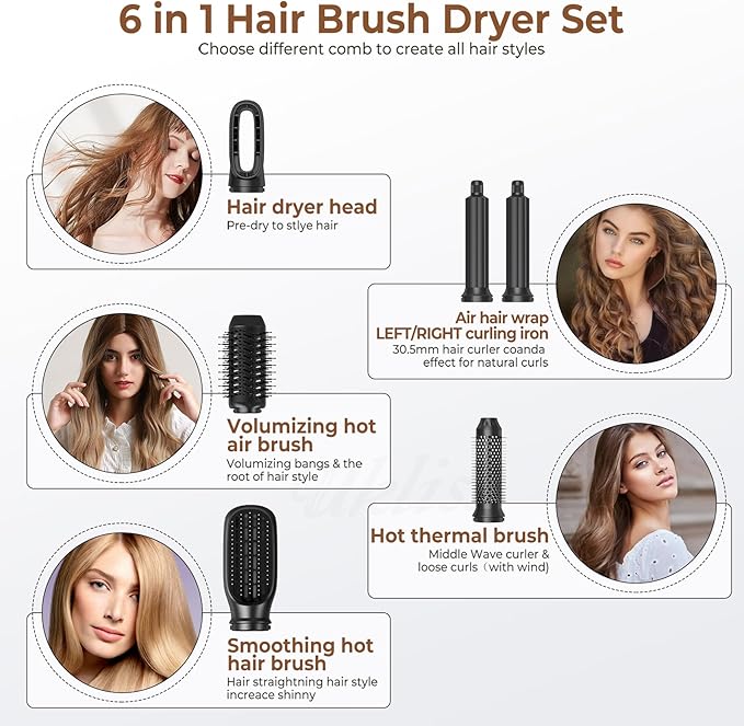 6 in 1 Hair Dryer Brush, Upgrade Detachable Blow Dryer Brush Air Styler Wrap Air Curler, Curly Twist Hot Curling Iron, Negative Ion Blow Dryer Hot Styler, Travel Hair Styling Tool