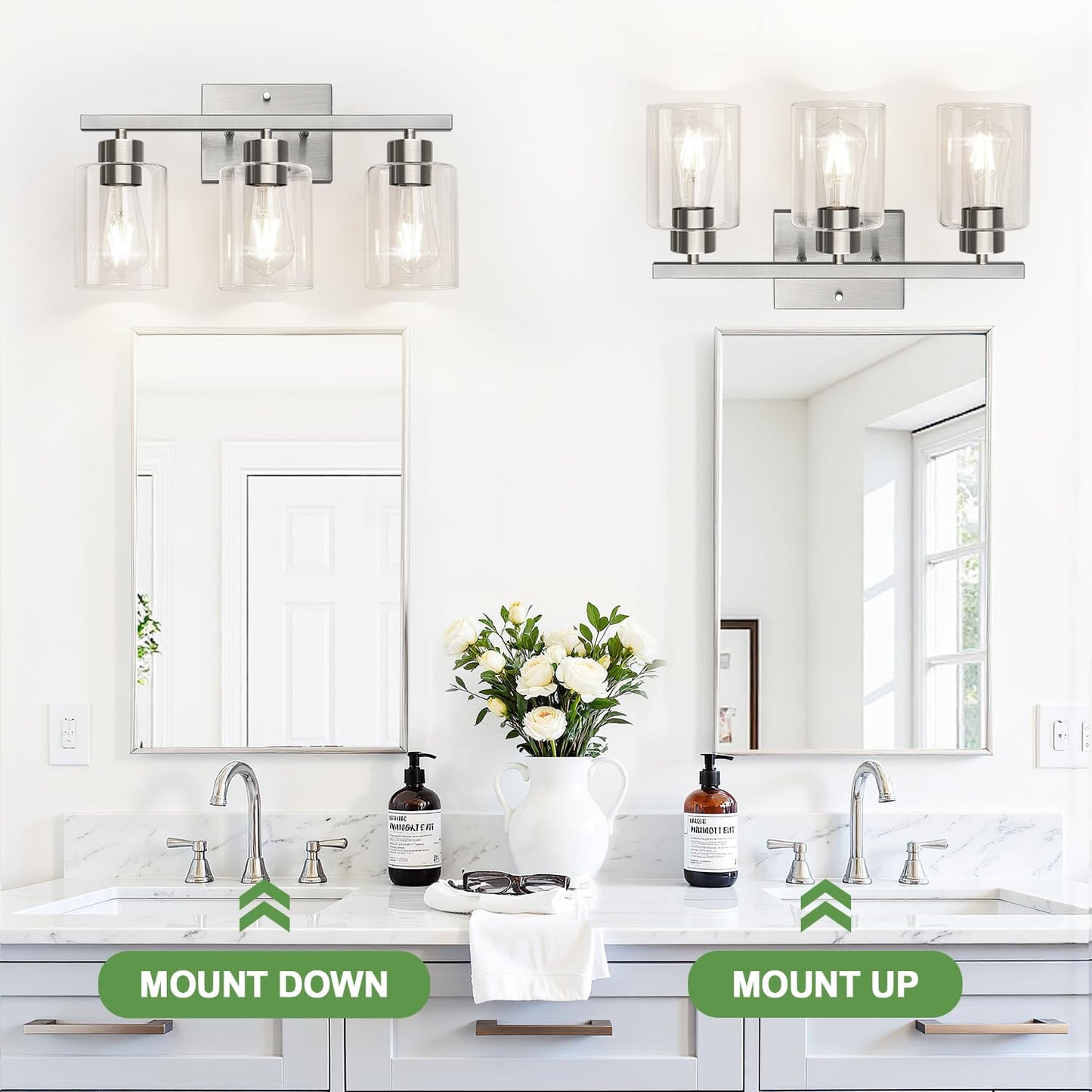 Meybiok 3-Light Bathroom Light Fixtures, Brushed Nickel Vanity Lights, Bathroom Lighting with Clear Glass Shade, Vanity Lighting fixtures for Mirror Kitchen Bedroom Hallway Living Room