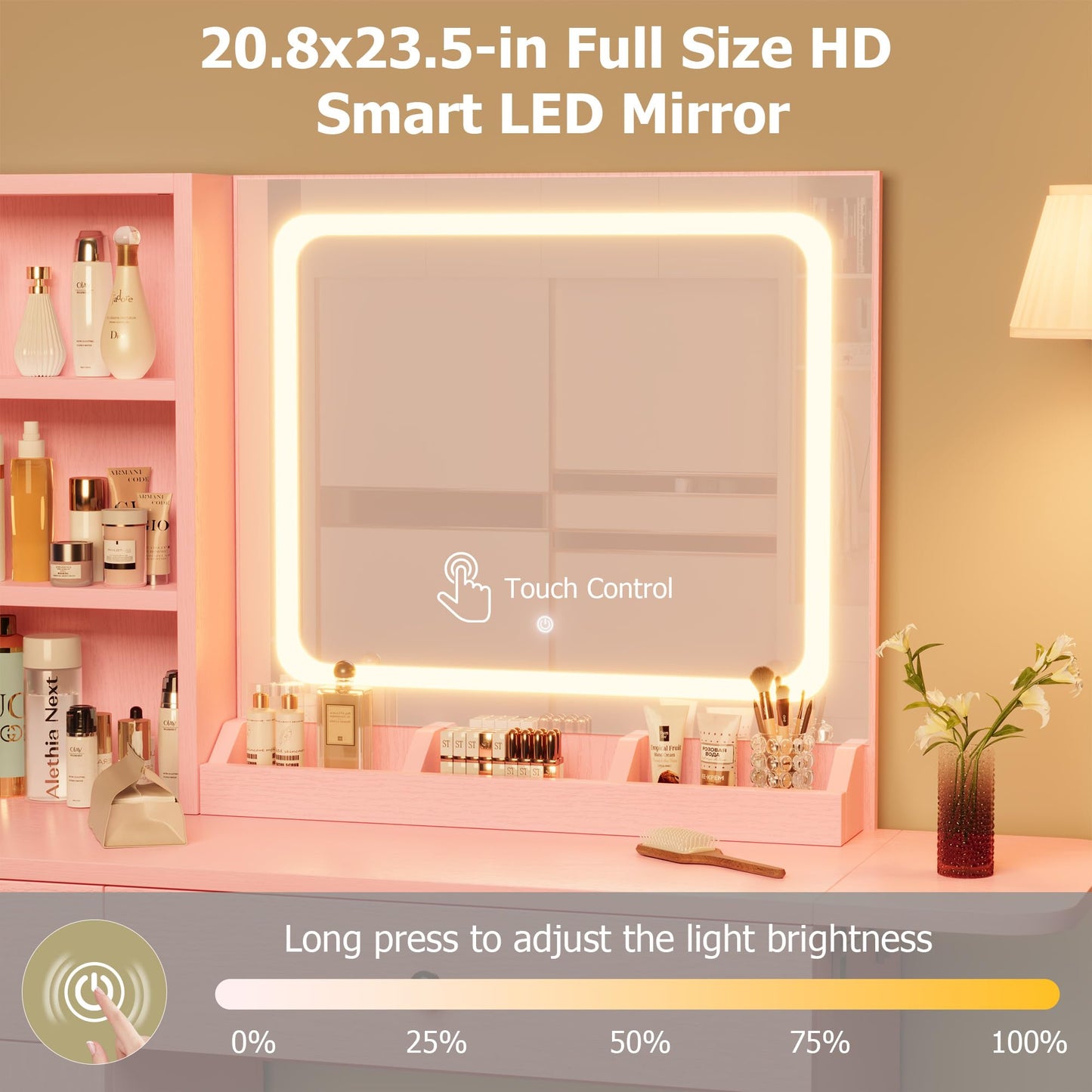 Garvee Vanity Desk with Mirror & Light, Makeup Vanity Table with Charging Station, Large Storage Cabinet & 2 Drawers & 3 Open Shelves, 3 Lighting Modes Adjustable Brightness, Bedroom Dressing, Pink