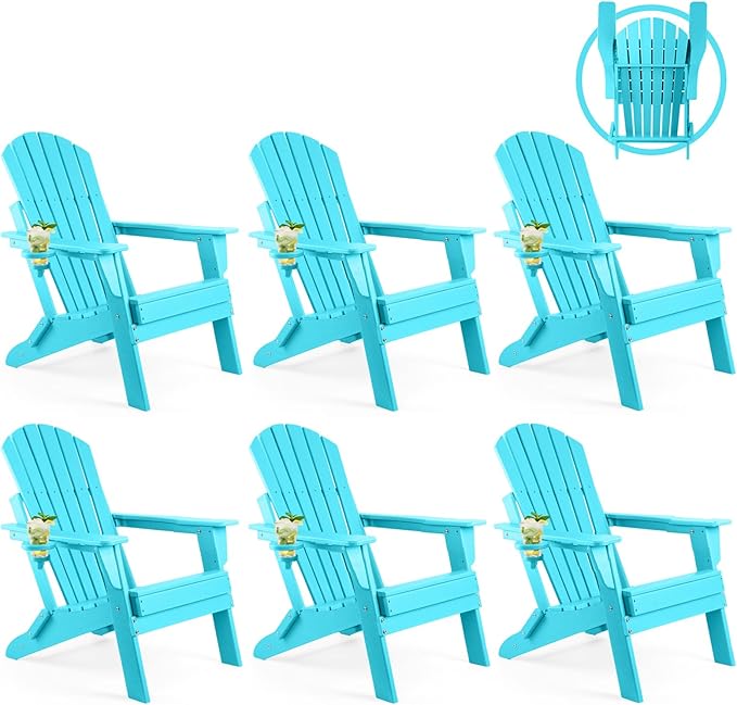 FUNBERRY Folding Adirondack Chair Set of 6, All Weather HDPE Fire Pit Chairs with Cup Holder for Outdoor