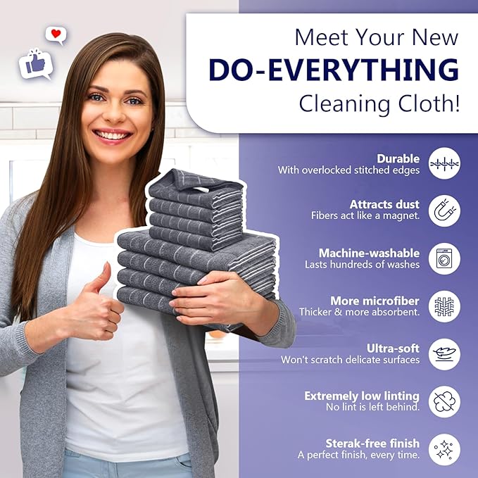 FGSAEOR Microfiber Kitchen Towels & Dish Cloths Set - Premium Ultra-Soft, Super Absorbent, Quick-Drying Dish Towels - Grey Checkered, 8-Pack (12"x12" & 18"x26") for Dishes, Multi-Purpose