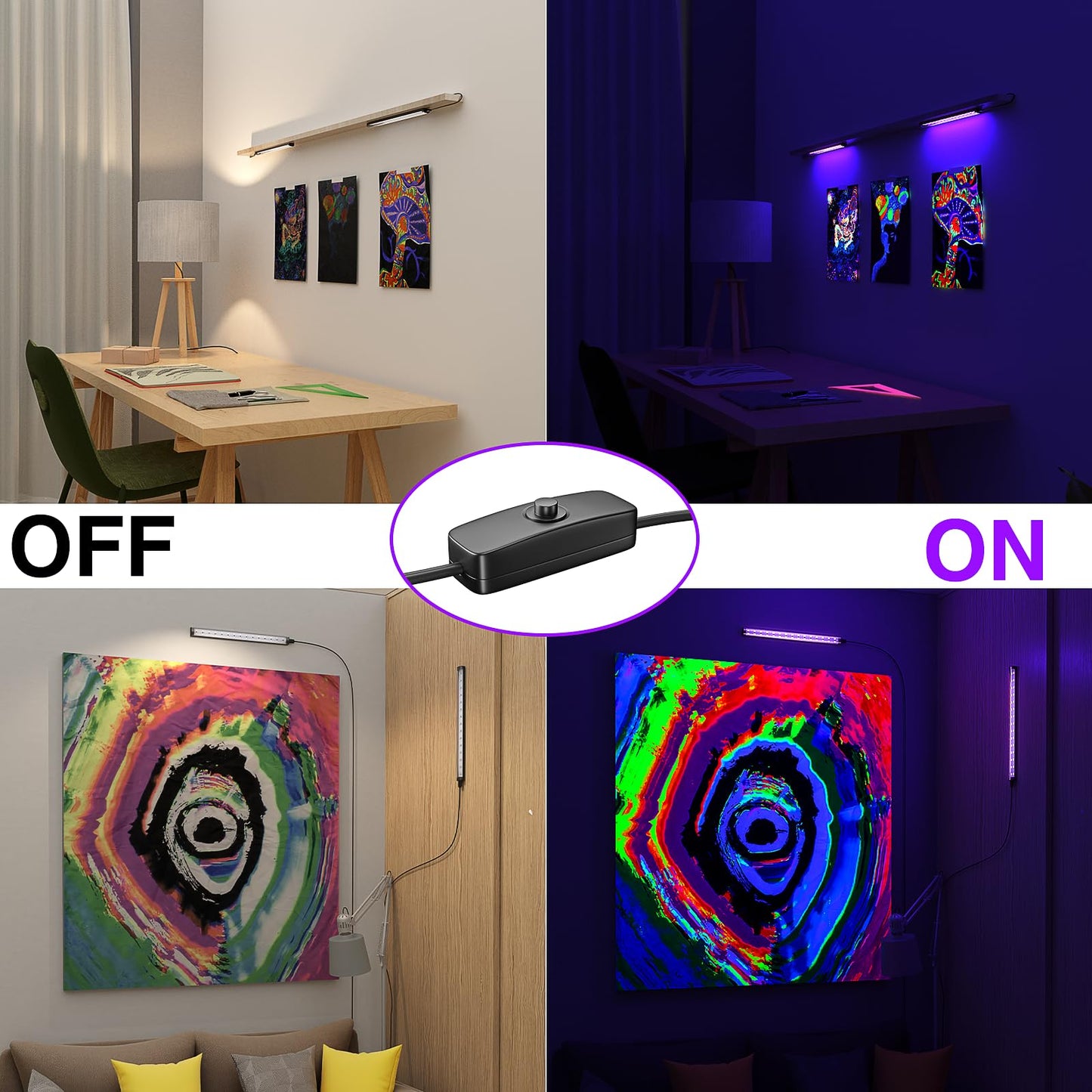 Onforu 4 Pack 10W LED Black Light Bar, 1ft, USB Blacklight Tube, Blacklight Bars with Switch, Black Light for Fluorescent Tapestry Poster, Cabinet, Glow Party, Halloween, Classroom, Body Paint