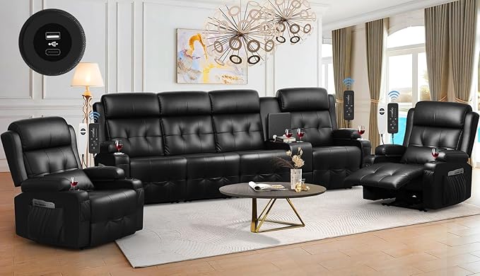 Aotolo Recliner Sofa, 4 Seater Massage Reclining Loveseat Sofa Sets, 2 Single Power Recliner Chairs Heat & Massage, Heavy Weight Capacity, RV Clearance Love Seat Couch with Console, USB, Type C Port