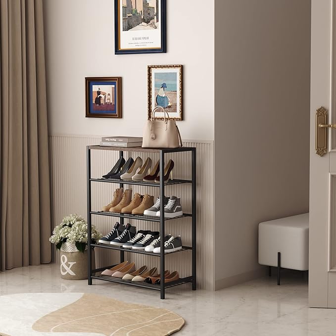 HOMEFORT 5-Tier Shoe Rack, Shoe Storage Shelf with MDF Top Board, Shoe Rack Organizer, Each Tier Fits 3 Pairs, Entryway Shoe Stand with Sturdy Shelves, Rustic Brown