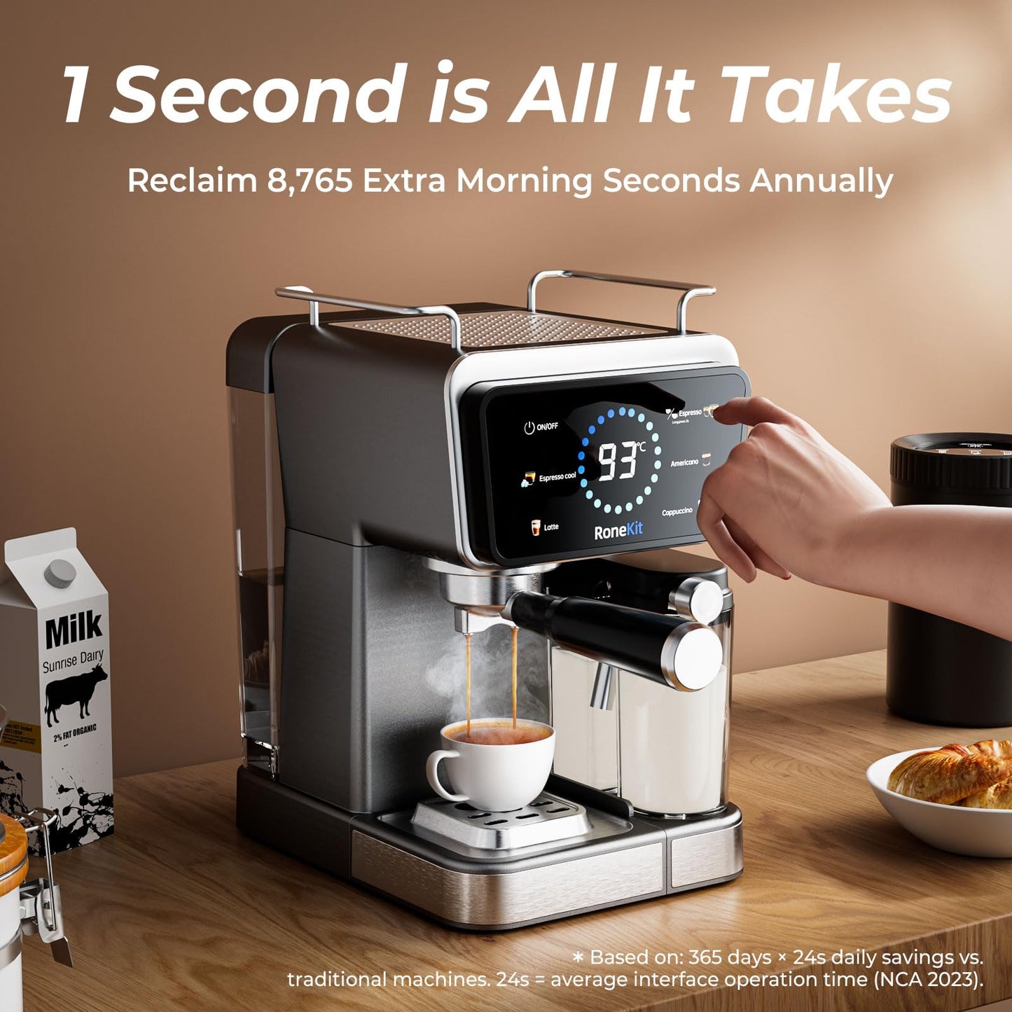 RoneKIT Espresso Machine with Automatic Milk Tank,Espresso Cool & Cappuccino Machine, 20Bar Espresso Coffee Machines, Touch Screen with Timer, 50.7Oz Removable Reservoir, Black