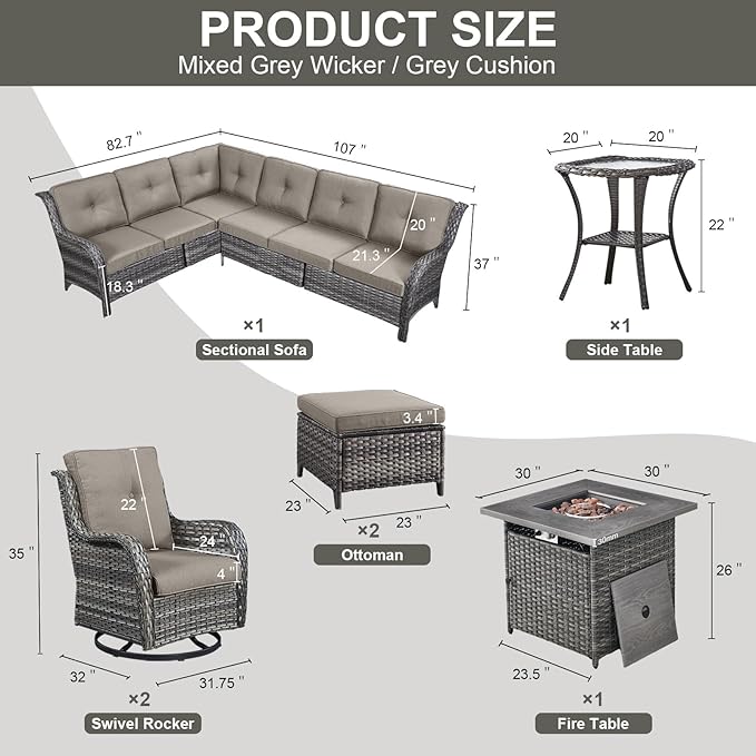Belord Outdoor Sectional Furniture Sofa Set with Propane Fire Pit Table, Wicker Patio Conversation Set with 2 Swivel Rocker Glider Chairs Grey Cushion Perfect for Backyard Casual Gathering