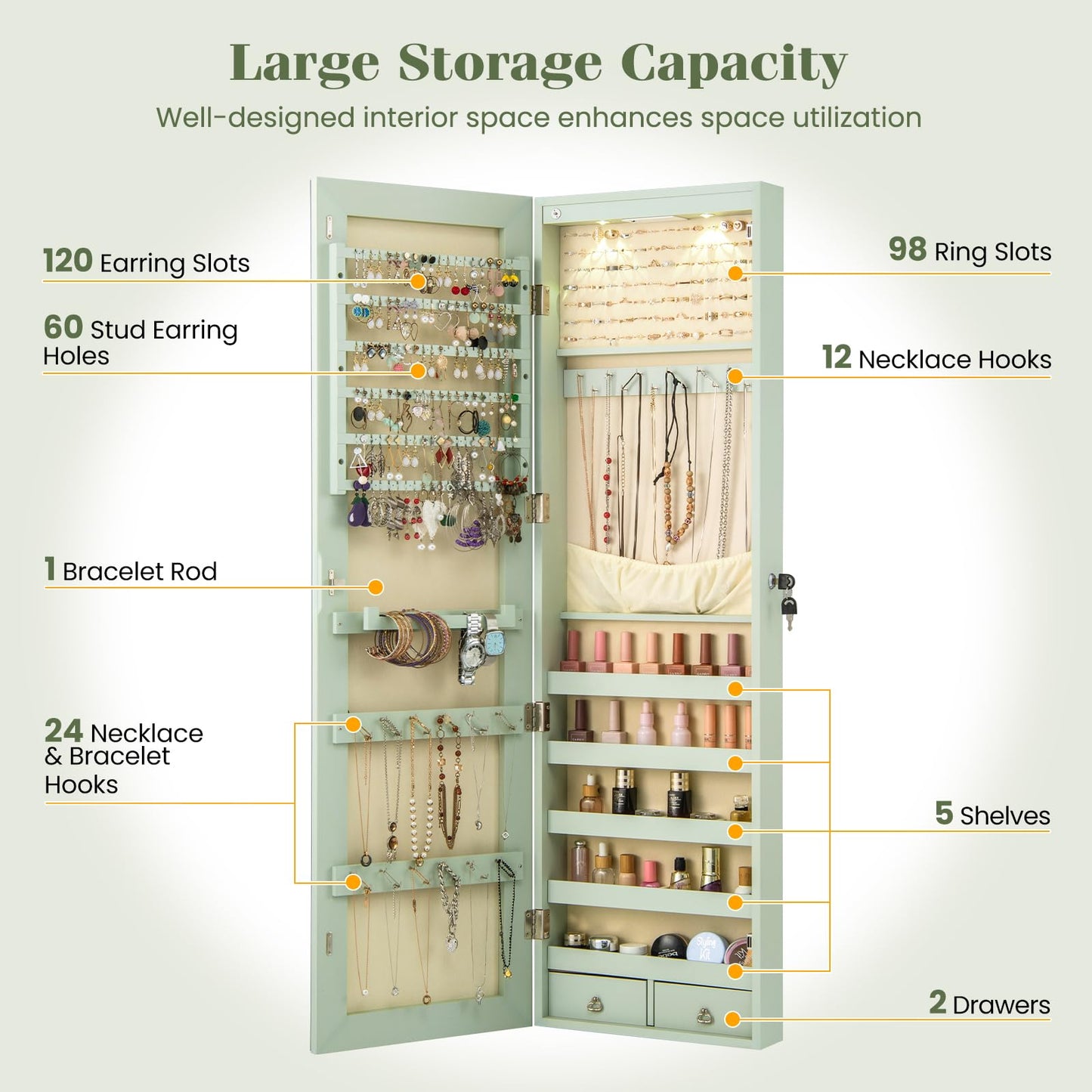 Giantex Wall Door Mounted Jewelry Armoire Cabinet with 47.5" Full Length Mirror, 2 LEDs Lockable Jewelry Organizers and Storage with 2 Drawers, Over the Door Jewelry Organizer Cabinet (Sage)