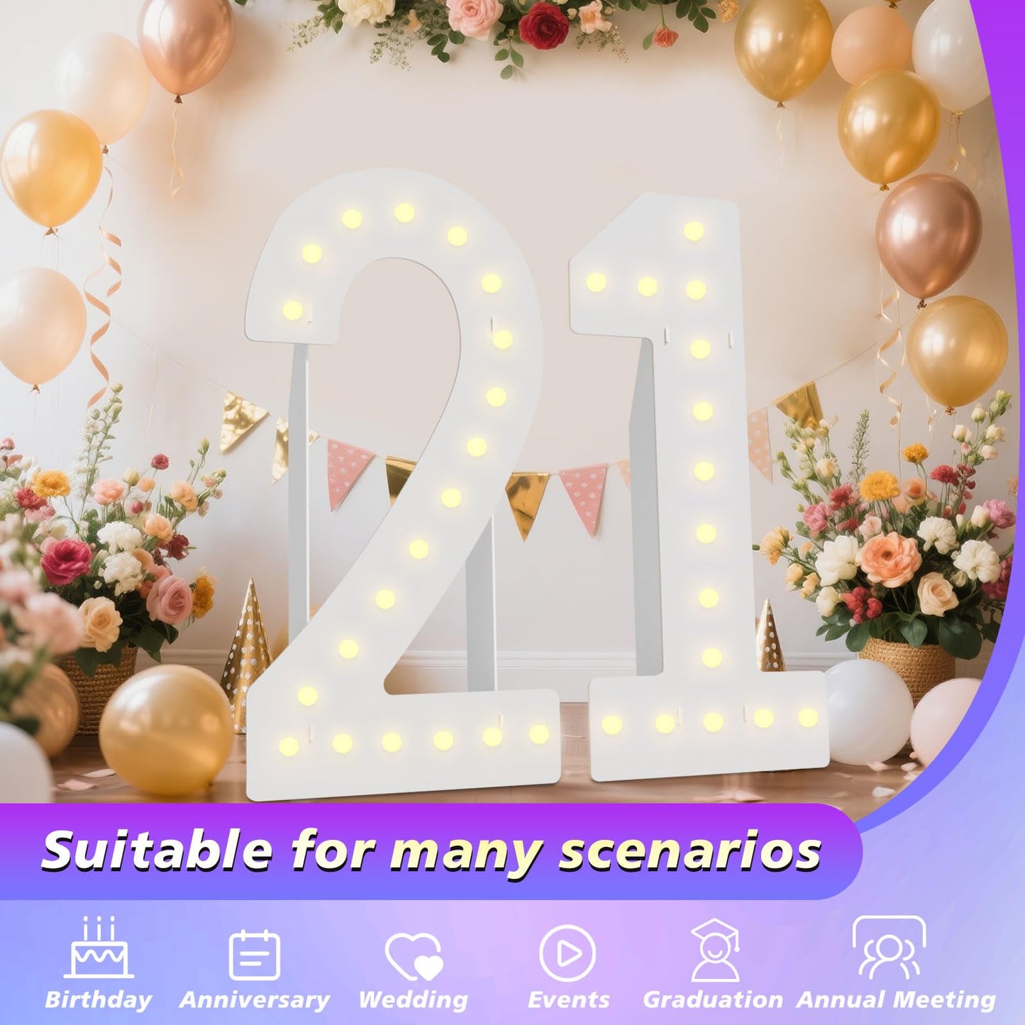 LOBOOM 4FT Marquee Numbers, 21th-Birthday Decorations,Giant Mosaic Numbers Anniversary Party Birthday Backdrop Decor, Large Mosaic Numbers for Balloons Number 21, Pre-Cut Foam Board Kit