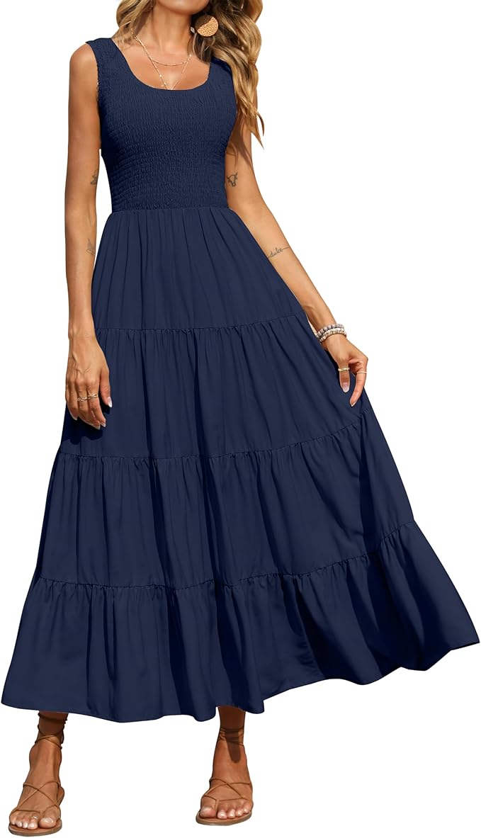 PRETTYGARDEN Women's 2026 Casual Loose Plain Maxi Sundress Smocked Tank Dress Sleeveless Spring Beach Tiered Long Dresses