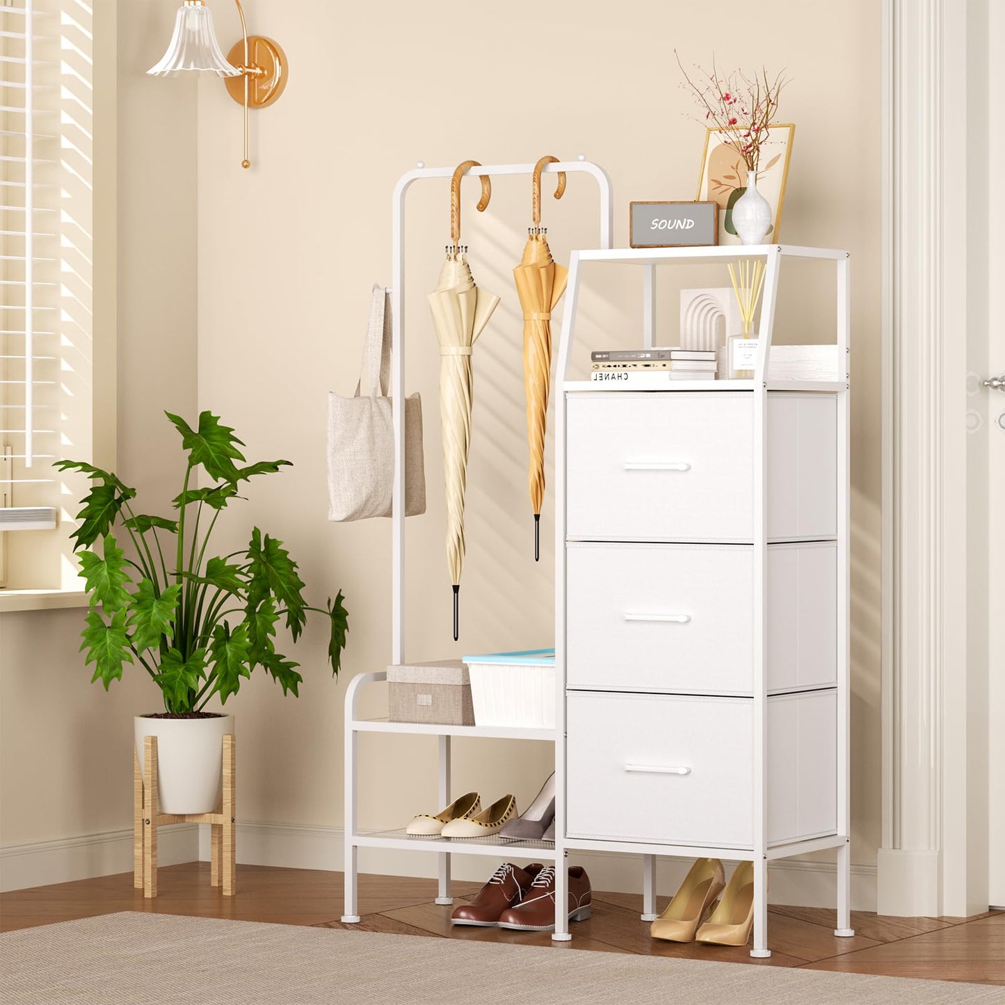 SWTYMIKI Dresser with Hanging Rack - 3 Fabric Drawers Dresser for Bedroom - Reversible Tall Storage Tower, Small Space Clothes Storage Organizer Cabinet for Apartment, Dorm 49.21''H, White