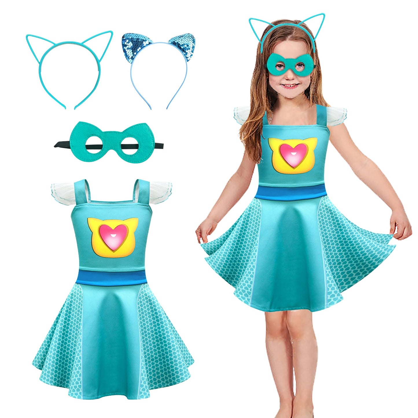 CheerfulChic Superhero Costume Lace sleeves Dress with Accessories,For Birthday Halloween Christmas For Princess（110cm/3-4T） Blue green