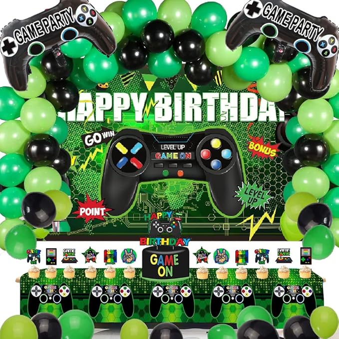 64 Pieces Video Game On Theme Party Supplies Sett: Decorations with Happy Birthday Gaming Backdrop, Game Table Covers, Cak...