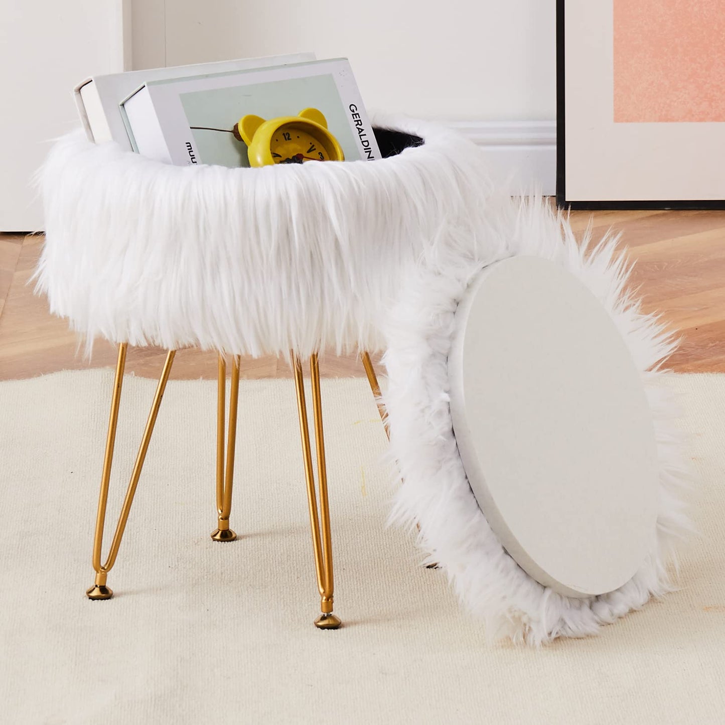Mxfurhawa Faux Fur Storage Ottoman Round Furry Vanity Stool Marble Grain Tray Coffee Table Compact Footrest with 4 Metal Legs Soft Makeup Seat Foot Stool for Living Room Bedroom Entryway White
