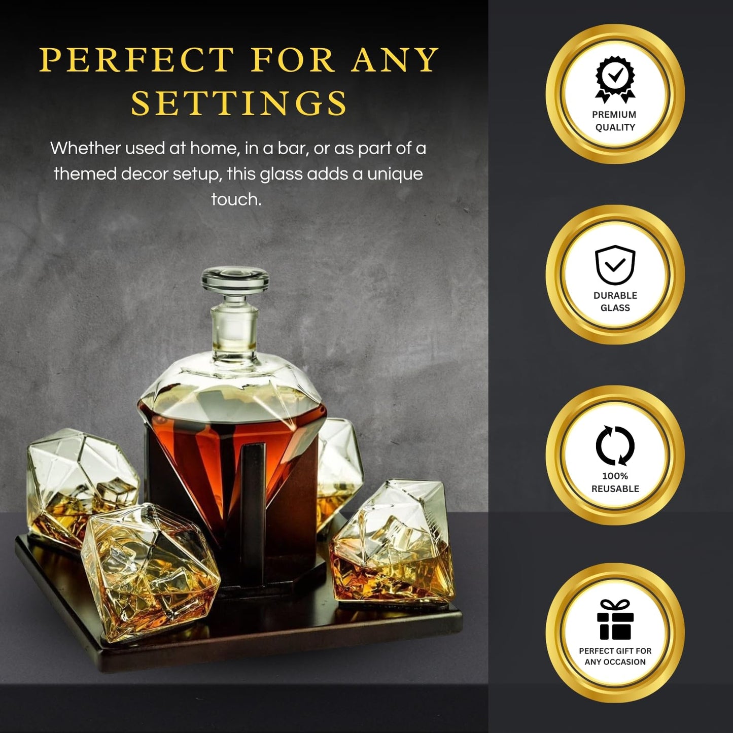 The Wine Savant Diamond Whiskey Decanter Set with 4 Glasses and Mahogany Base Borosilicate Glass Dispenser - 750ml Clear