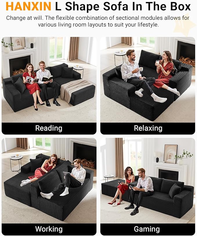 Cloud Sectional Couch,105 Inch Modular Sectional Sofa with Deep Seat,Modern Corduroy Boneless Couches with L-Shape Chaise for Living Room Bedroom,No Assembly Required (Black, Right Facing Chaise)