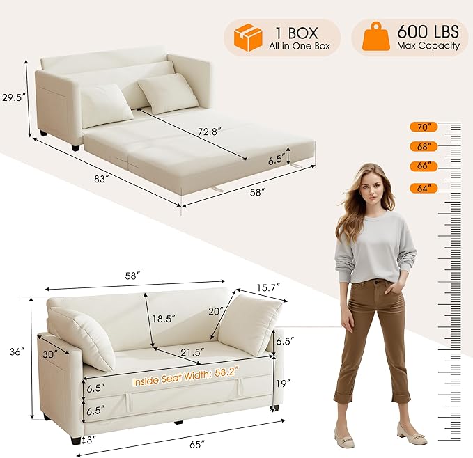 kakuboohi 65" Loveseat Sleeper Sofa Bed, Chenille Convertible Sofa Bed for Small Spaces, Folding Couch Bed with Deep Seat, Solid Frame, Pull Out Floor Couches for Living Room, Beige