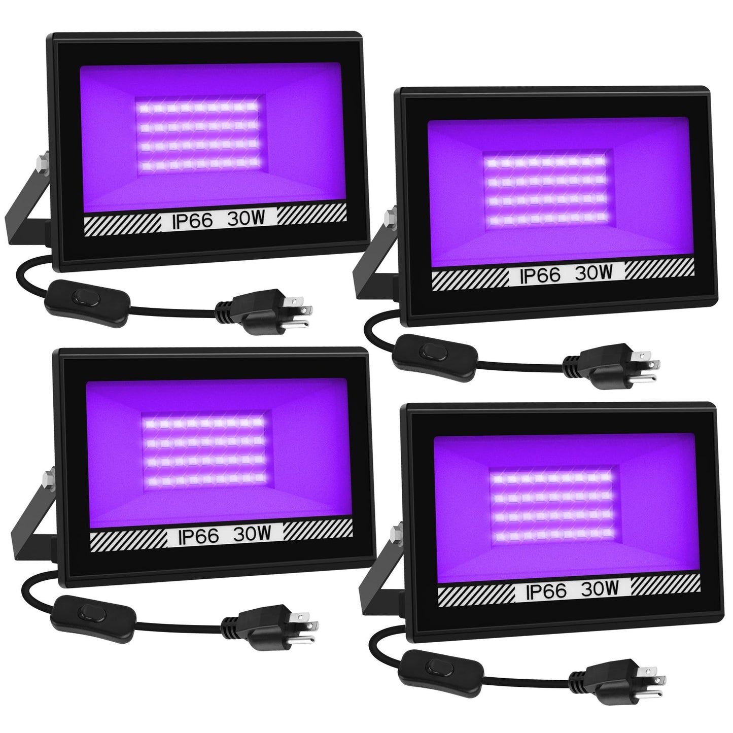 CREPOW 30W Black Lights, 4 Pack LED Blacklight Flood Light with Plug, IP66 Waterproof Black Lights for Glow Party, Glow in The Dark, Stage Lighting, Body Paint, Fluorescent Poster, Neon Glow