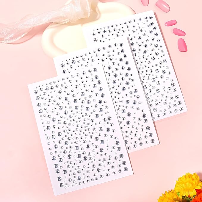 Face Gems Pearls for Makeup Rhinestone Stickers for Crafts Stick on Body Clear Crystal Tweezers Decals 3/4/5/6MM White Hair Nails Craft DIY Gems for Nails Makeup Decor 975PCS