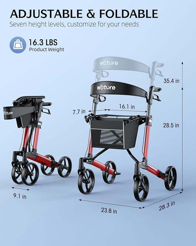 WOTURE Rollator Walker with Seat, Lightweight Rolling Walker, Foldable Rollator Walker for Seniors, 8" Big Wheels for All Terrain, Dual Height Adjustment, Only 16 Ib, Red
