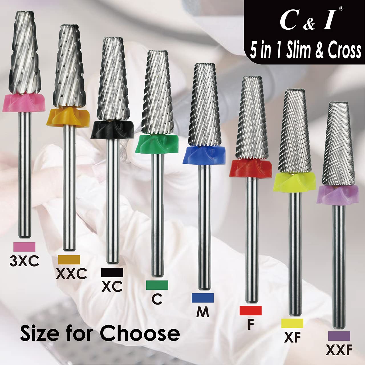 C & I 5 in 1 Nail Drill Bit, Cross & Slim Edition, Professional Nail Drills for Electric Manicure Drill Machine (Double Coarse -