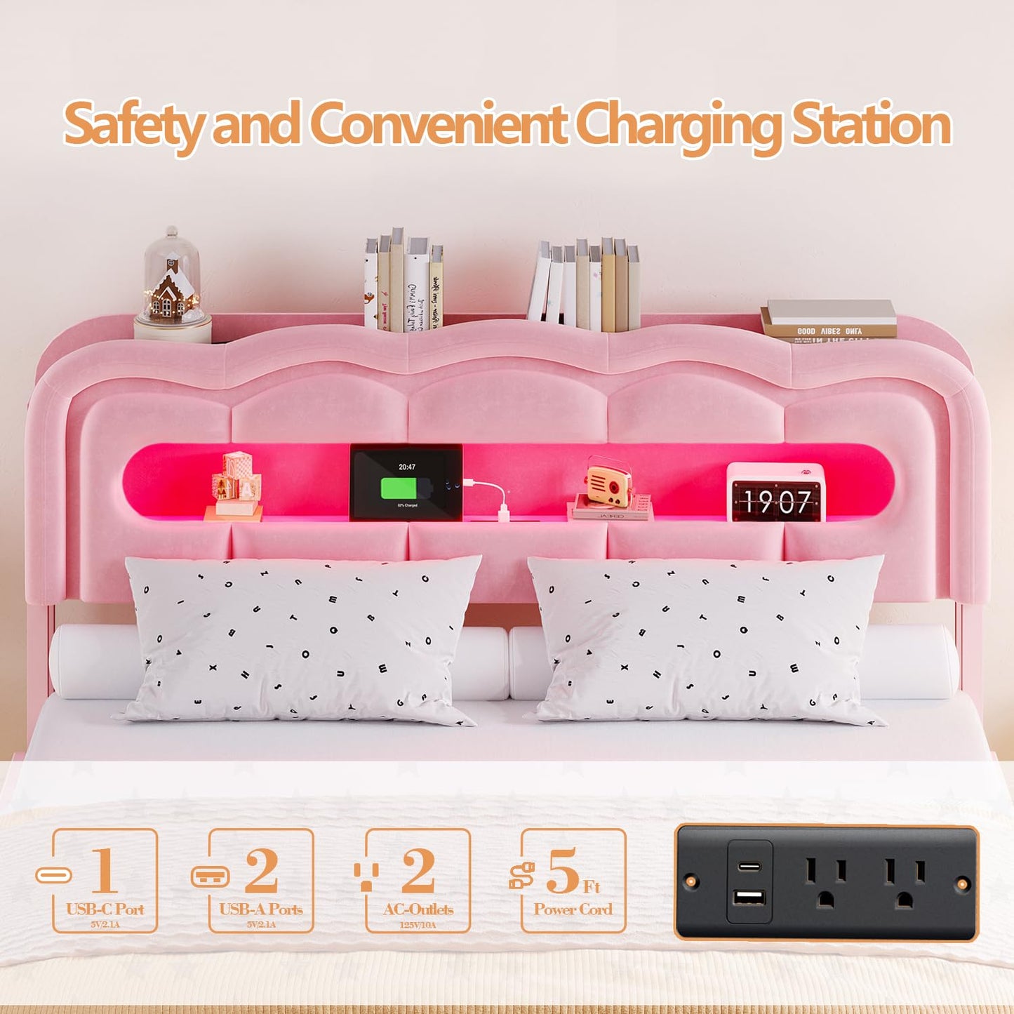 ROCHECASA Full Size Bed Frame with Storage and LED Lights Charging Station, Velvet Upholstered Bed with Drawer, No Box Spring Needed, Easy Assemble, Pink