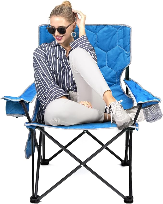 SUNNYFEEL Oversized Folding Camping Chair 500 LBS Heavy Duty Lawn Chairs with Blue Portable Folding with Armrest, Cup Hold...