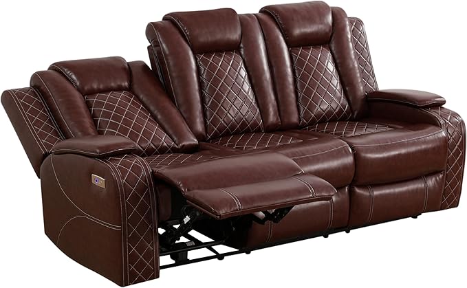 AYCP Multifunction Power Air Leather Recliner Sofa Set with LED Lights, Living Room Furniture, Reclining Sofa, loveseat, Chair with USB Port/Storage (Brown, 3 Pieces)