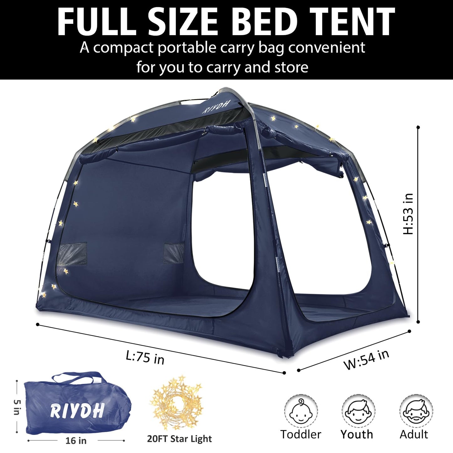 Bed Tent Bed Canopy Breathable 100% for Adult and Kids- Original Design Light Reduction 93% Sleeping Dream Tents Indoor Portable Big Space with String Light 3 Doors Twin Full Queen King Size