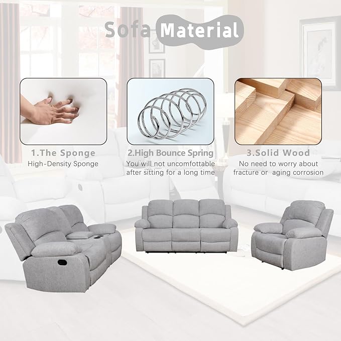 A Ainehome Living Room Furniture Set 3 Pieces Grey Microfiber Recliner Sofa Set Loveseat Chair Furniture Sofa Set for Living Room/Rv/House/Office/Theater Seating (A-Grey White Microfiber,3 Piece Set)