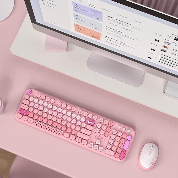 MOFII Wireless Keyboard and Mouse Combo, 2.4GHz Retro Typewriter Keyboard Full Size, Quiet Click Mouse for PC, Laptop, Desktop, Computer, Windows (Pale Pink)