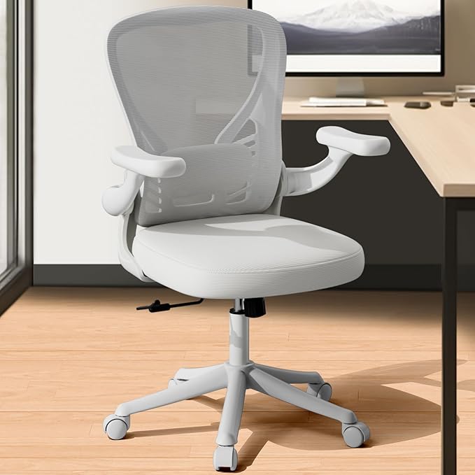 Ollega Computer Desk Chair with Wheels, Mesh Office Chair with Flip Up Arms, Adjustable Lumbar Support, Swivel Desk Chair Comfy, White