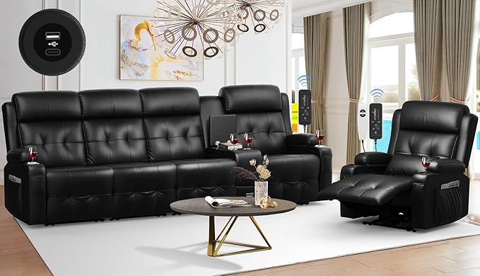 Aotolo Recliner Sofa, 4 Seater Massage Reclining Loveseat Sofa Sets, 1 Single Power Recliner Chairs Heat & Massage, Heavy Weight Capacity, RV Clearance Love Seat Couch with Console, USB, Type C Port